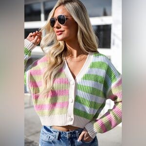 Lush Colorful Boho Preppy Striped Cropped Cardigan Size XL